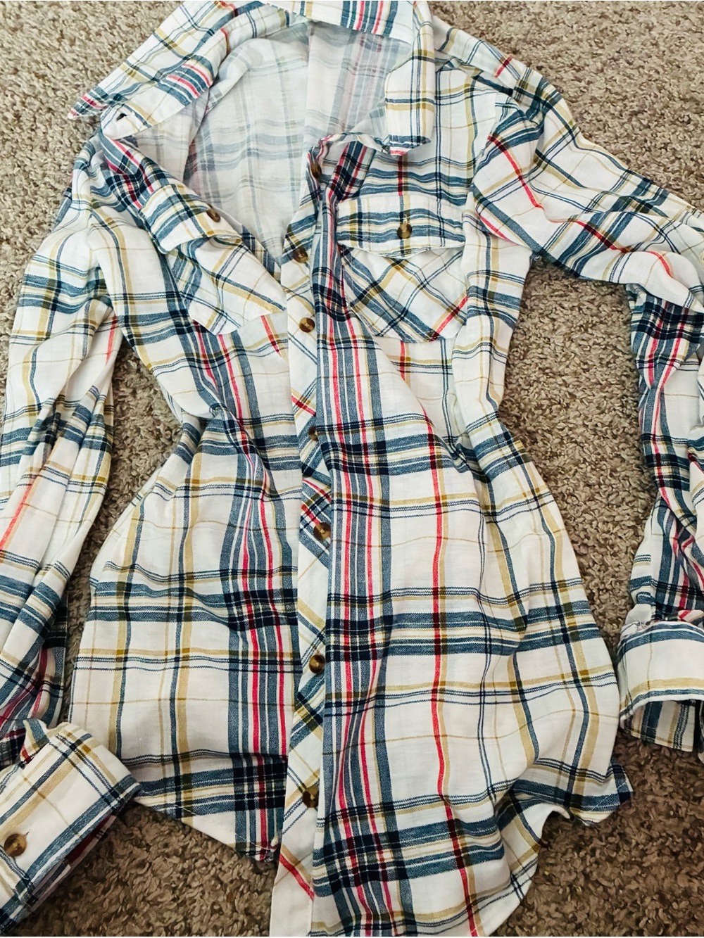 Passport Girls White Plaid Button-Front Dress with Navy, Red & Yellow Stripes